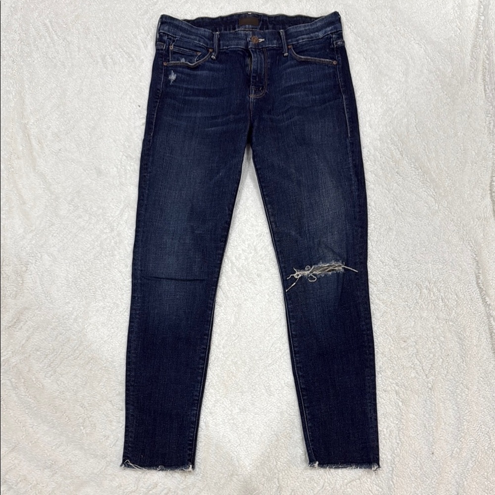 MOTHER Blue Skinny Jeans with Distressed Knee and Raw Hem